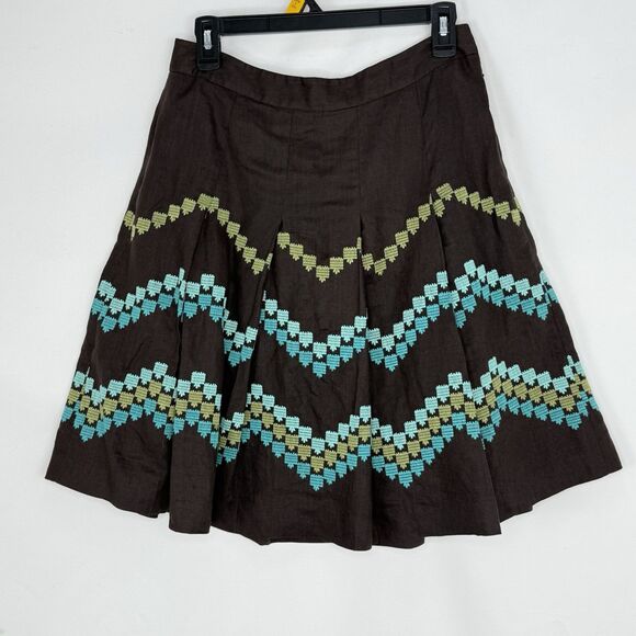 Ann Taylor LOFT Brown Pleat Skirt Embroidered Chevron Pattern 2P Linen - Picture 5 of 16